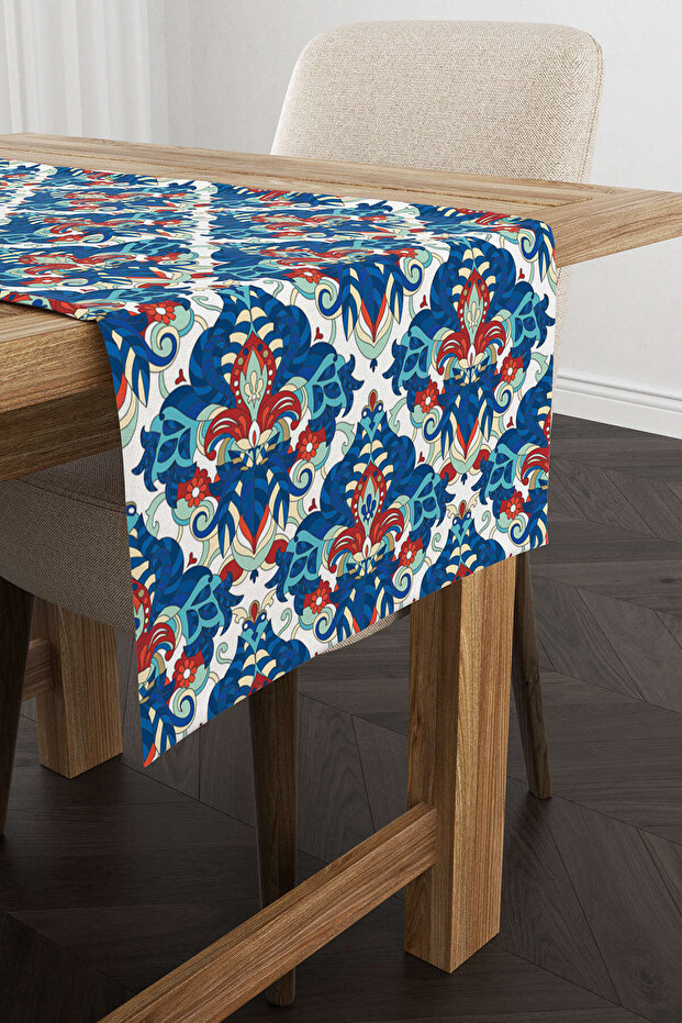 Blue Red Ethnic Motif Patterned Digital Printed Runner - Otyk540-rn