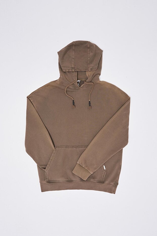 Erkek Basic Kapüşonlu Oversize Yıkamalı Kahverengi Sweatshirt - 8