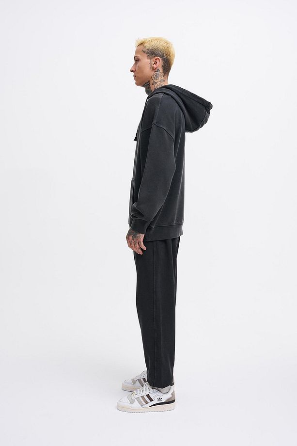 Erkek Basic Kapüşonlu Oversize Yıkamalı Siyah Sweatshirt - 6