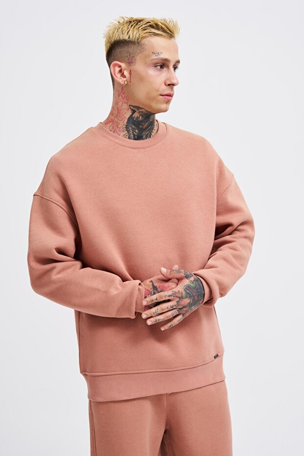 Erkek Basic Bisiklet Yaka Oversize Bakır Sweatshirt - 3