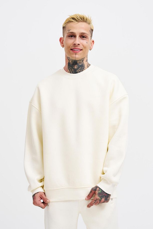 Erkek Basic Bisiklet Yaka Oversize Ekru Sweatshirt - 2