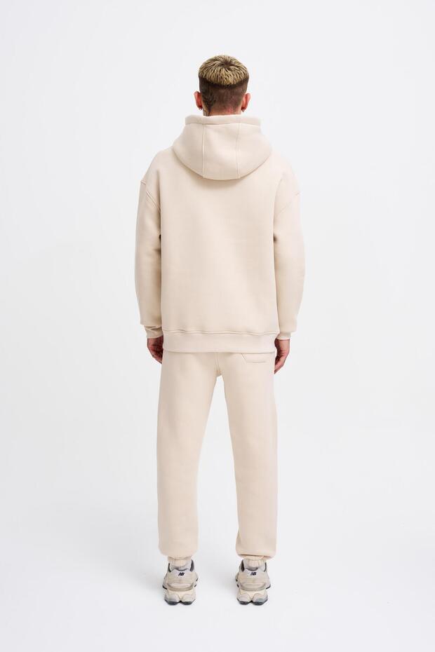 Erkek Basic Kapüşonlu Oversize Açık Bej Sweatshirt - 6