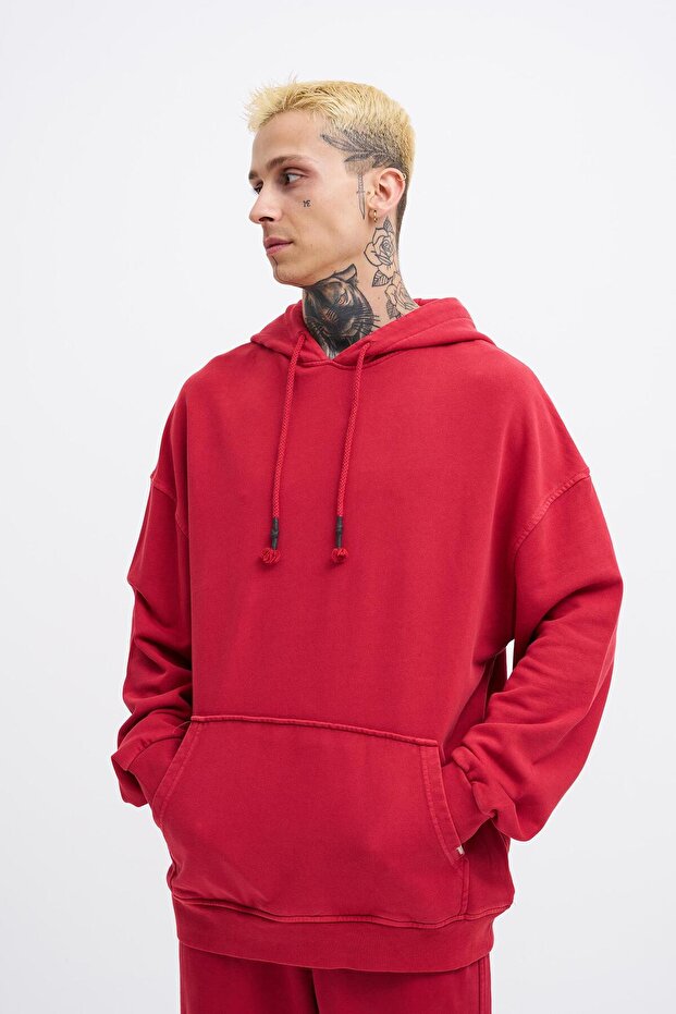 Erkek Basic Solid Kapüşonlu Oversize Yıkamalı Kırmızı Sweatshirt - 1