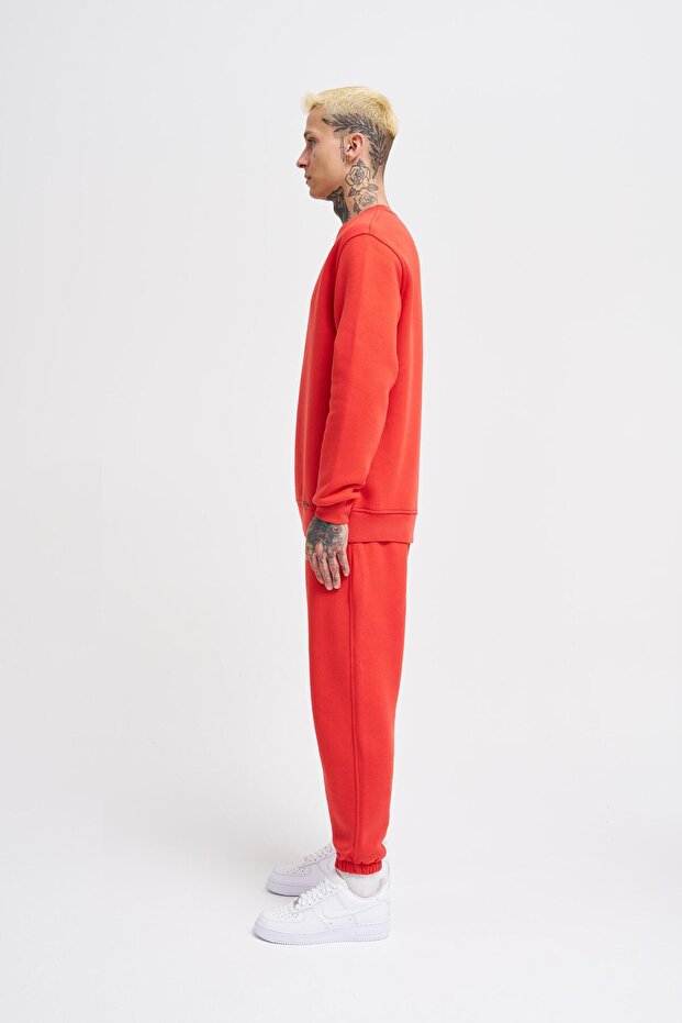 Erkek Bisiklet Yaka Basic Regular Açık Kırmızı Sweatshirt - 5