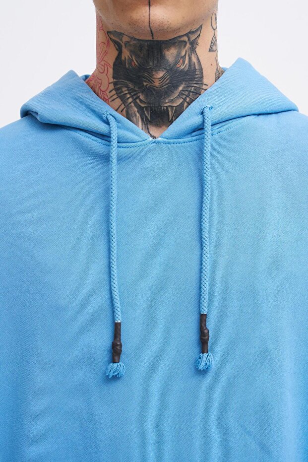 Erkek Basic Kapüşonlu Oversize Yıkamalı Mavi Sweatshirt - 2