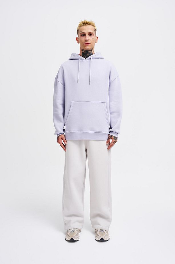 Erkek Basic Kapüşonlu Oversize Lila Sweatshirt - 5