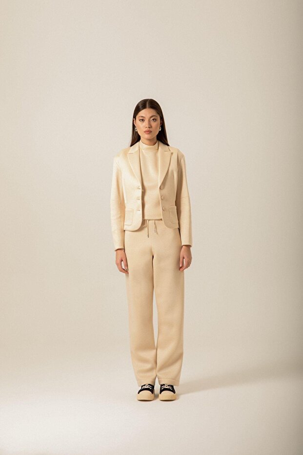 Düğme Detaylı Örme Ekru Ceket - 2