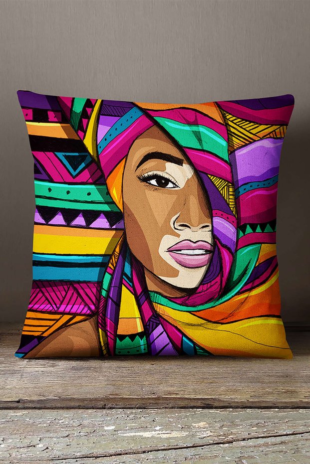 Velvet Babyface Black Multicolor Ethnic African Women's Figure Patterned Printed Throw Pillow Cover Cgh627