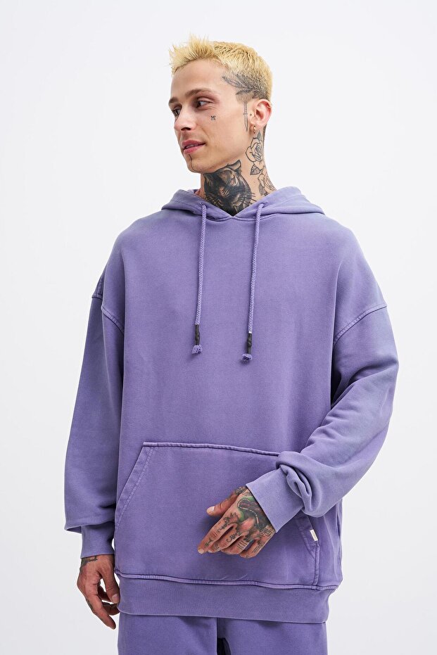 Erkek Basic Kapüşonlu Oversize Yıkamalı Mistik Sweatshirt - 3