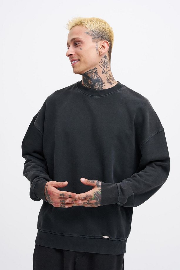 Erkek Yıkamalı Oversize Siyah Sweatshirt - 3