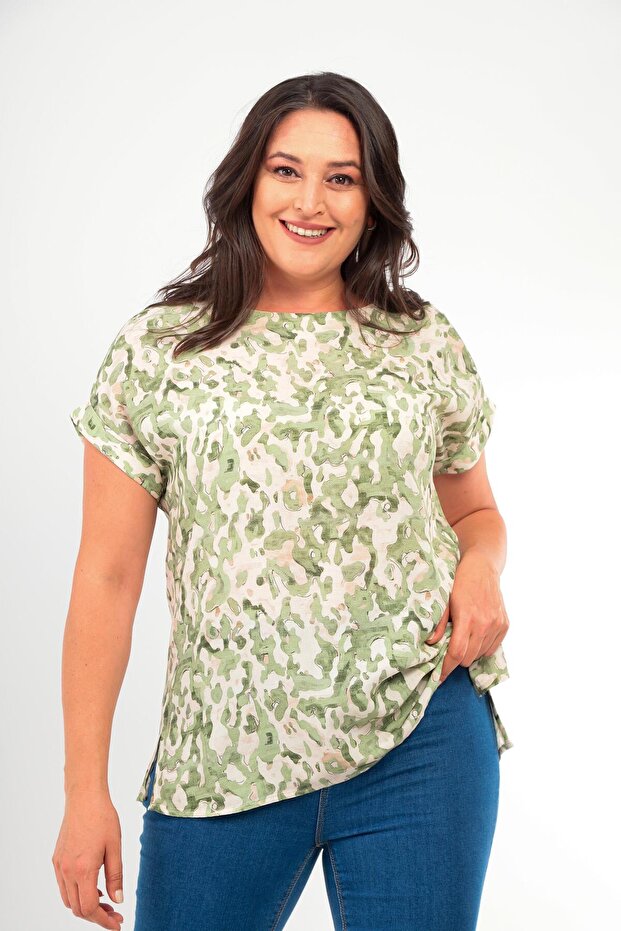 Plus Size Patterned Low Sleeve Basic Khaki Blouse - 1