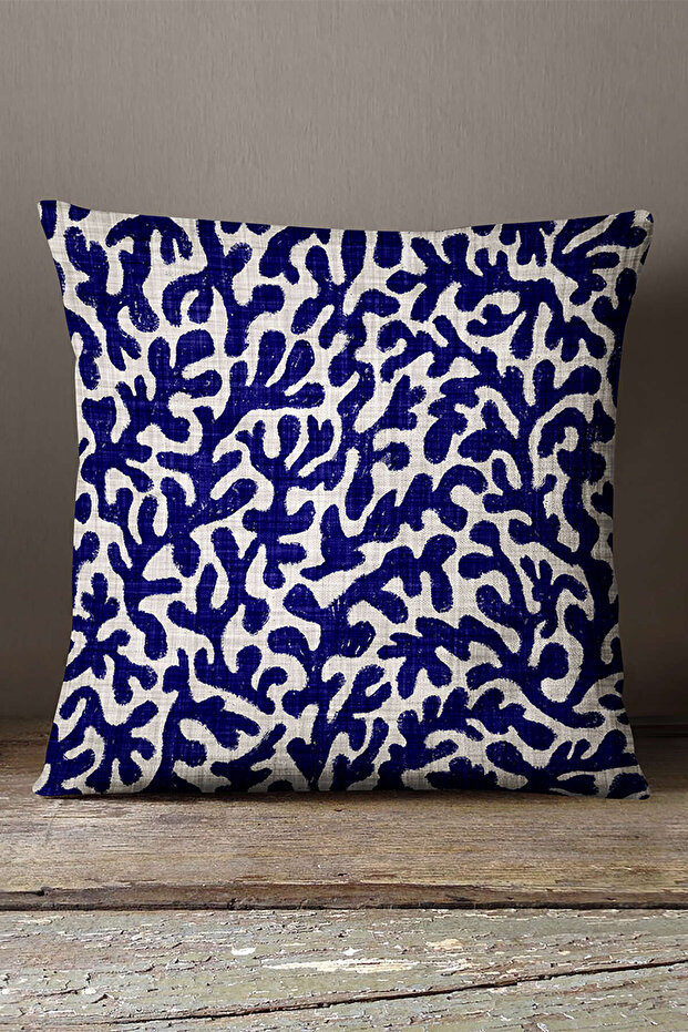 Velvet Babyface Navy Blue Beige Marine Themed Coral Patterned Digital Printed Throw Pillow Cover Cgh633