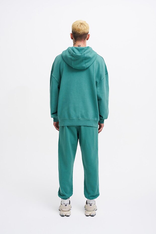 Erkek Basic Solid Kapüşonlu Oversize Yıkamalı Yeşil Sweatshirt - 7