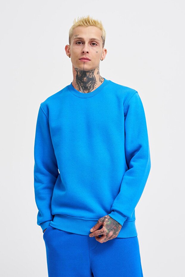 Erkek Bisiklet Yaka Basic Regular Saks Sweatshirt - 1