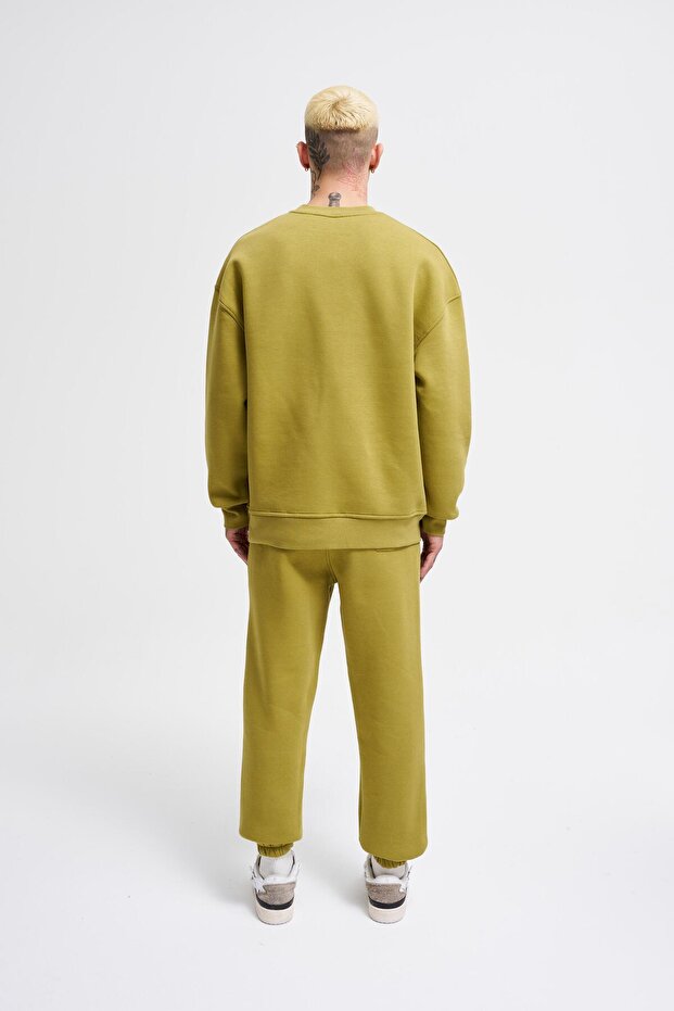 Erkek Basic Bisiklet Yaka Oversize Yeşil Sweatshirt - 7