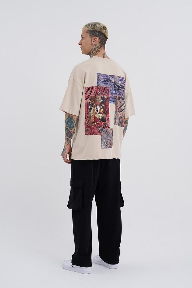 Erkek Patchwork Oversize Açık Bej Tişört - 4