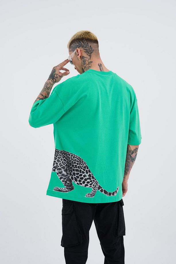 Erkek Leopard Baskılı Oversize Açık Yeşil Tişört - 3