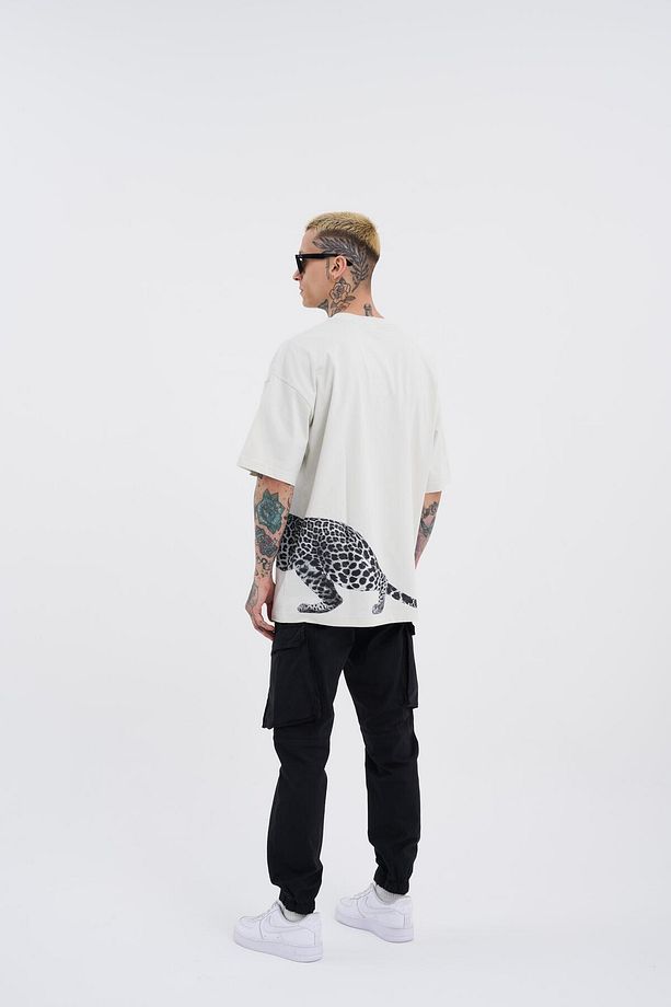 Erkek Leopard Baskılı Oversize Gri Tişört - 4