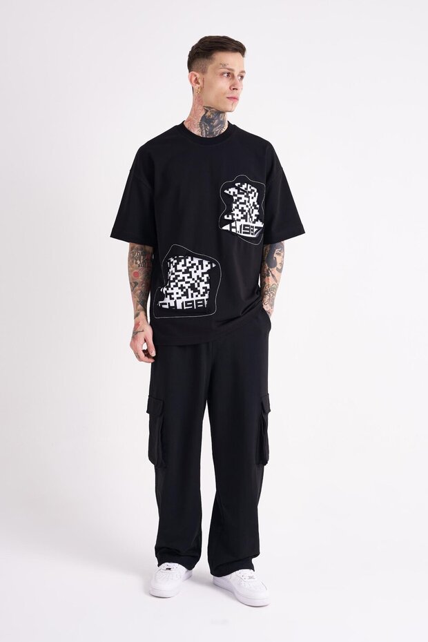 Erkek Dama Patch Oversize Siyah Tişört - 3