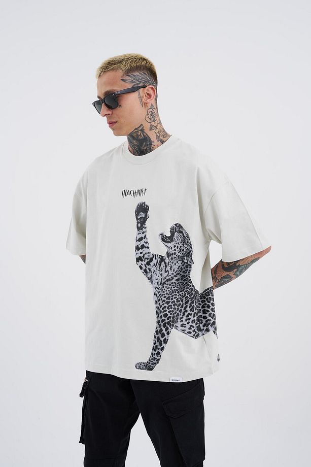 Erkek Leopard Baskılı Oversize Gri Tişört - 1