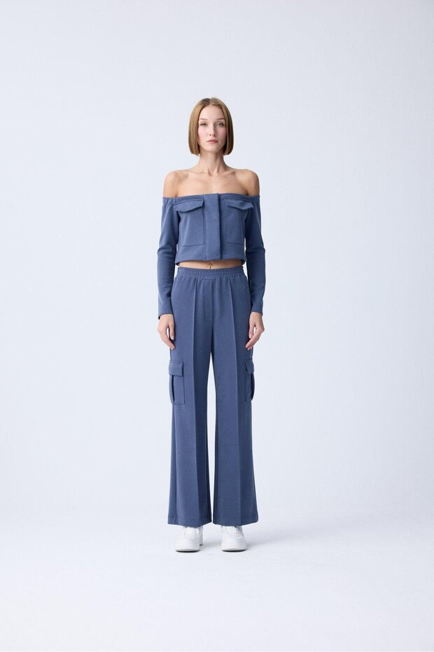 Beli Lastikli Örme Mavi Pantolon - 1