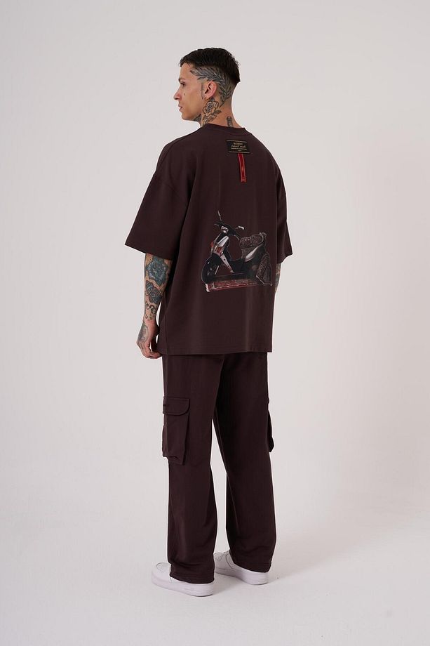Erkek Carpet Patch Baskılı Oversize Kahve Tişört - 4