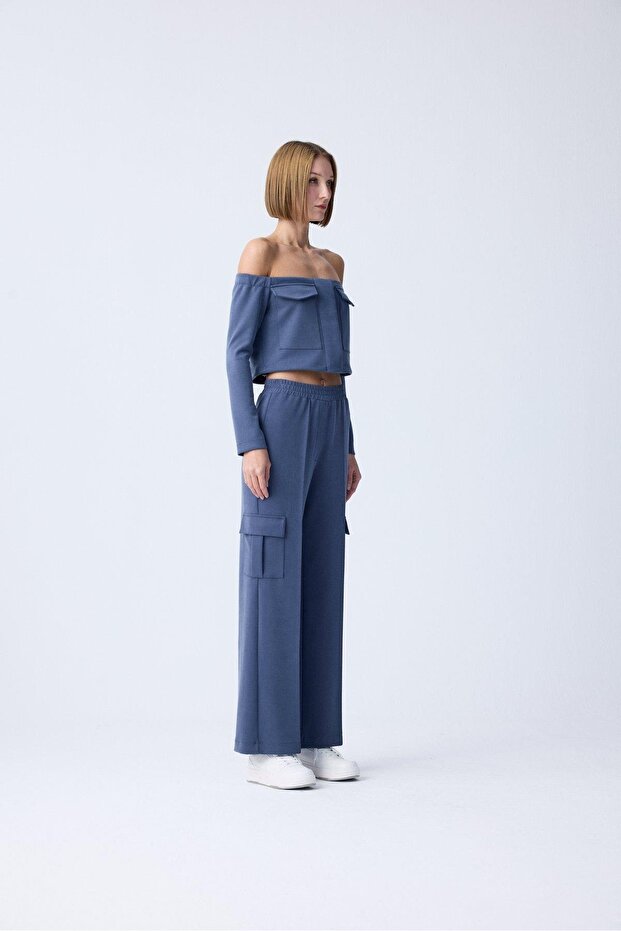 Beli Lastikli Örme Mavi Pantolon - 2