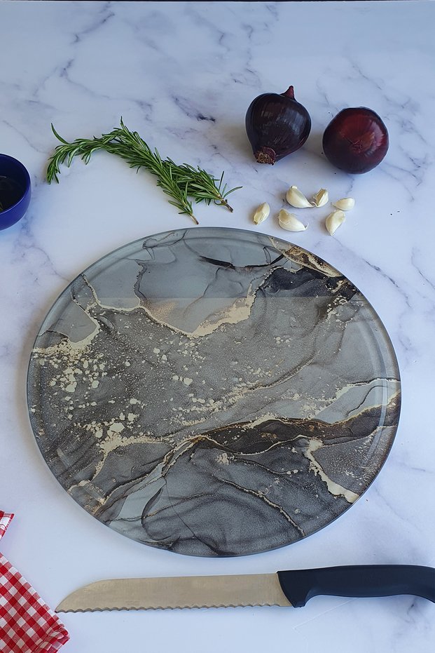 Channeled Glass Cutting Board - Glass Cutting Table| Gray Gold Marble| Diameter 32cm| Patented Product