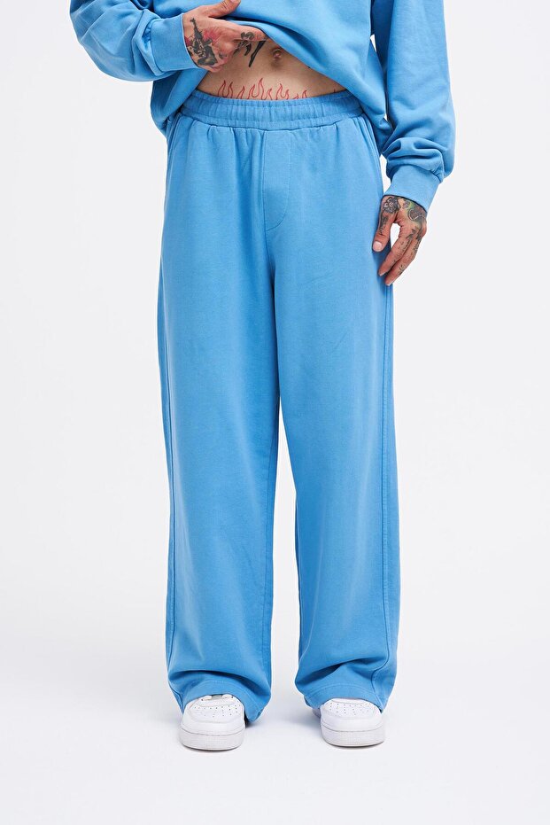 Erkek Yıkamalı Basic Baggy Mavi Eşofman Altı - 1