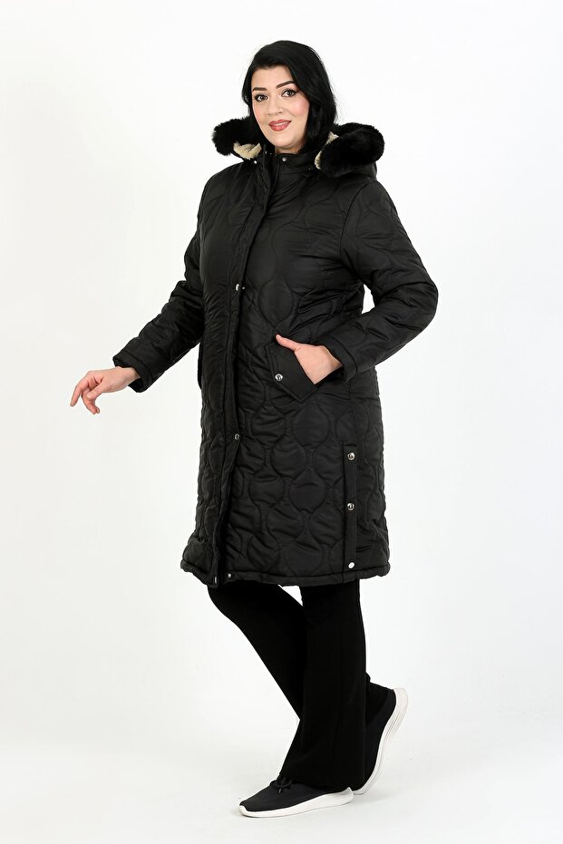 Women's Black Long Woolen Quilted Plus Size Coat