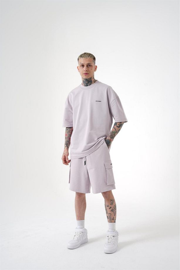 Erkek Kargo Cepli Basic Oversize Açık Gri Şort - 5