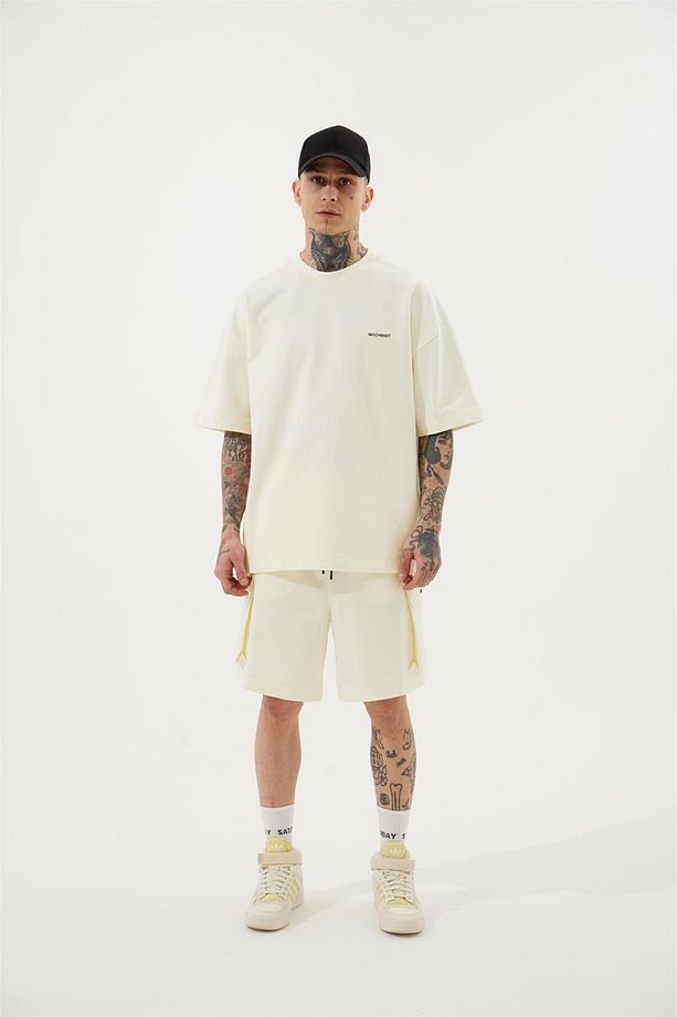 Erkek Kargo Cepli Basic Oversize Krem Şort - 4