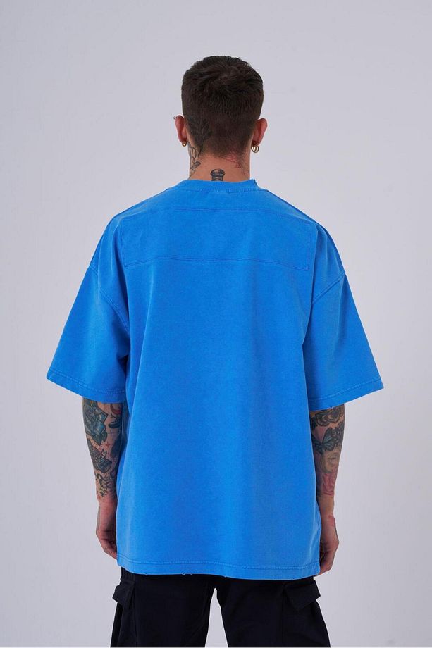Erkek Yıkamalı Hidden Patch Oversize Mavi Spotted Tişört - 3