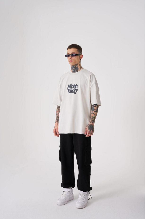 Erkek Meat Punk Baskılı Oversize Space Grey Tişört - 4