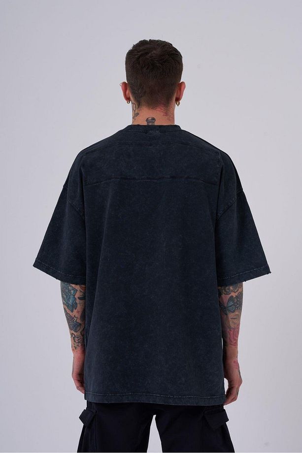 Erkek Yıkamalı Hidden Patch Oversize Asphalt Spotted Tişört - 3