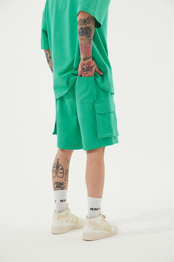 Erkek Kargo Basic Oversize Yeşil Şort - 3