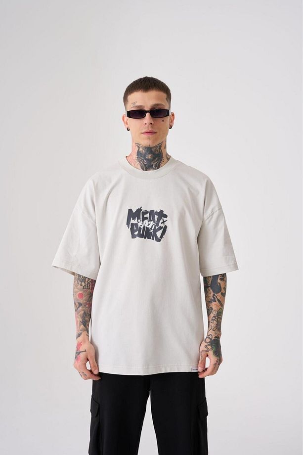 Erkek Meat Punk Baskılı Oversize Space Grey Tişört - 2