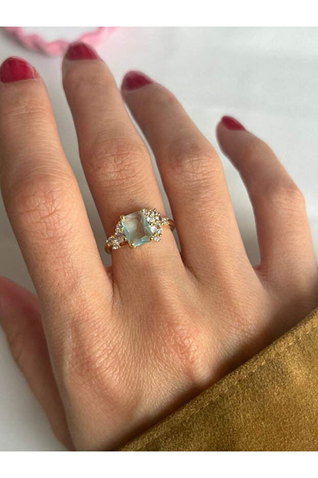 Gold Square Stone Ice Blue Ring - 4
