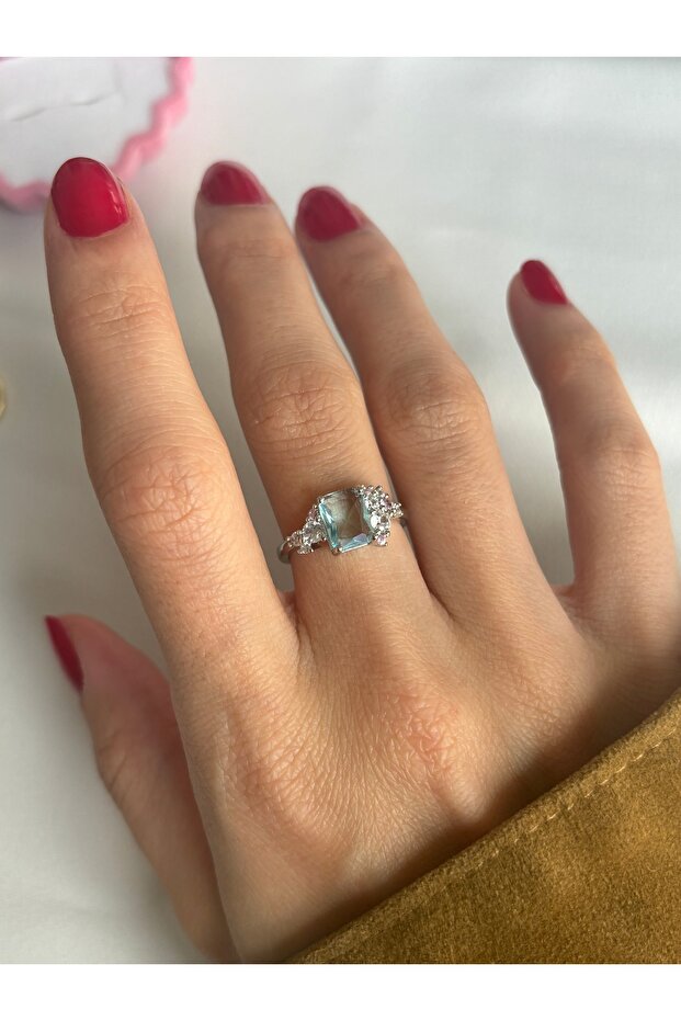Silver Color Square Stone Ice Blue Ring - 3