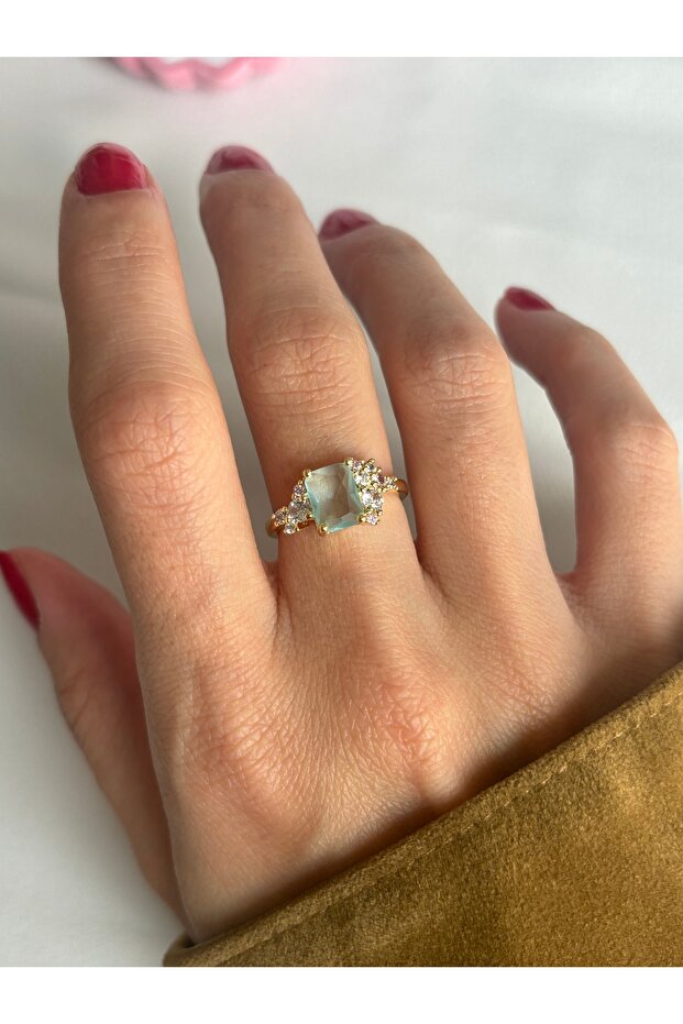 Gold Square Stone Ice Blue Ring - 3