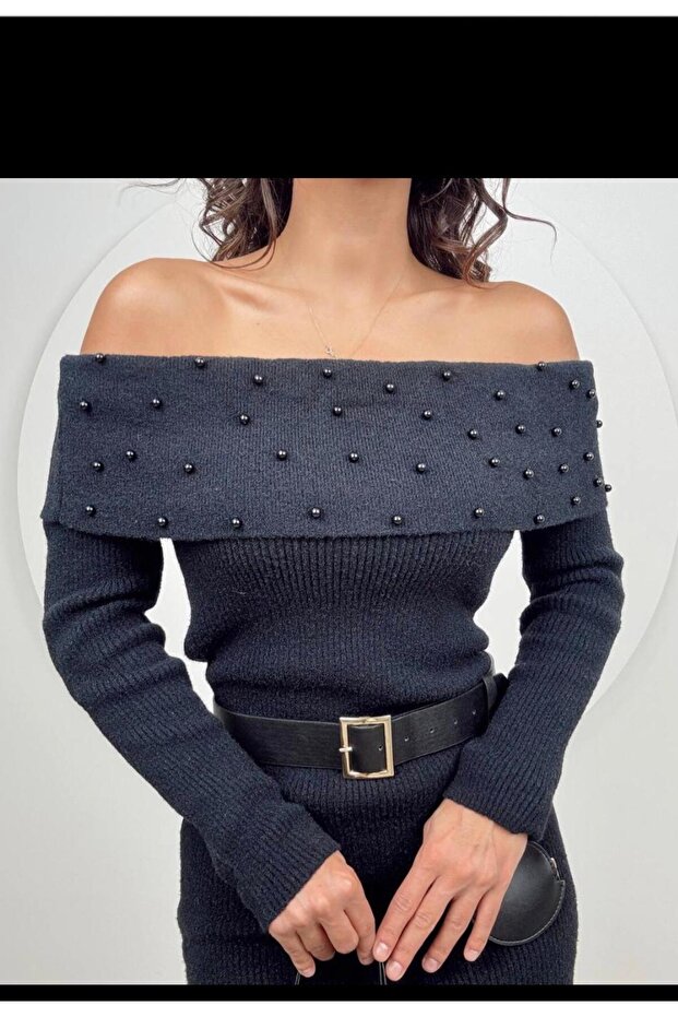 siyah örme inci detaylı elbise - 2