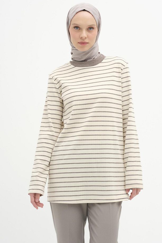 Çizgili Örme Bluz - Vizon - 1