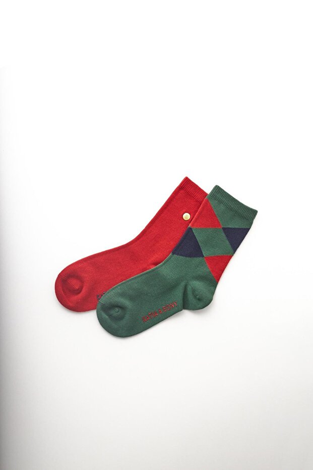 Boy's Striped Patterned Socks with Staple Detail, 2-Piece Socks, Green-Claret Red