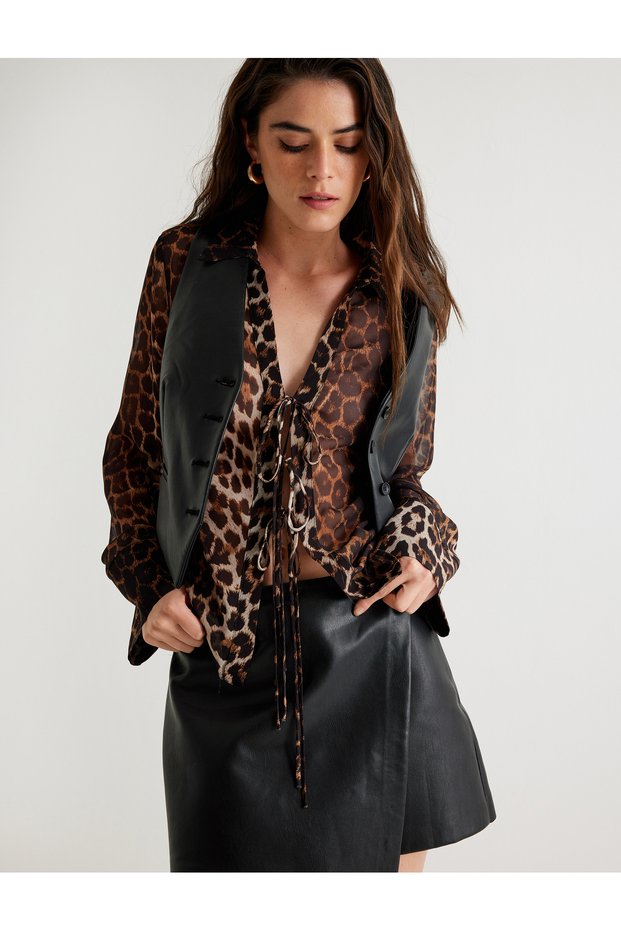 Leopard Print Blouse with Front Tie and Long Sleeves Shirt Collar