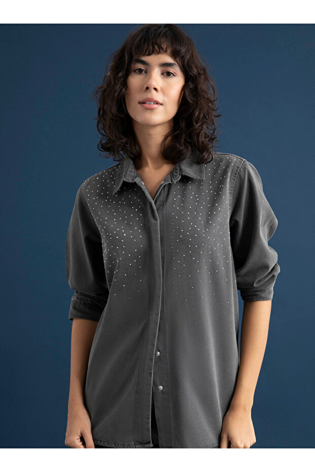 تونيك من الدنيم باللون الرمادي - بتفاصيل حجرية - ريفكا - 2