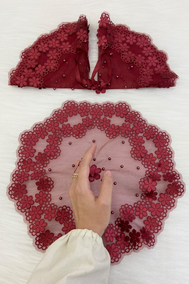 Burgundy Bride Groom Handkerchief, Pearl Detailed Wedding Halay Bridesmaid Promise Engagement Henna Circumcision Bride Handkerchief