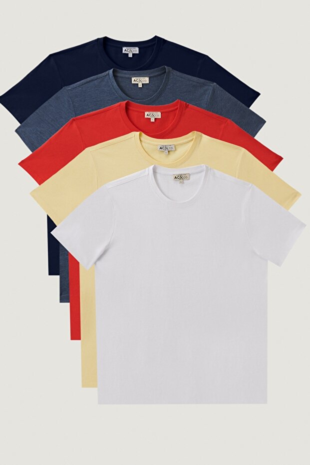 Erkek Beyaz-lacı-sarı-kırmızı-ındıgo Melanj Slim Fit Bisiklet Yaka 5'li Basic Tişört Paketi - 1