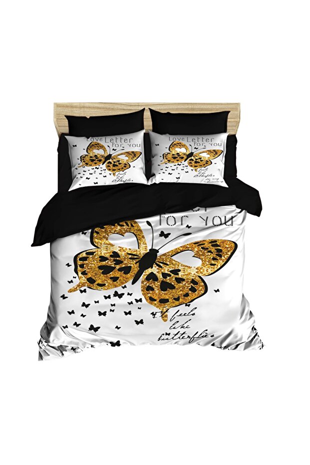 Gold Gilded Butterfly Digital Double Duvet Cover Pillow Set