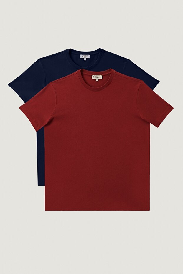 Men's Burgundy-navy blue Slim Fit Narrow Cut Crew Neck 100% Cotton Pack of 2 Plain T-Shirts