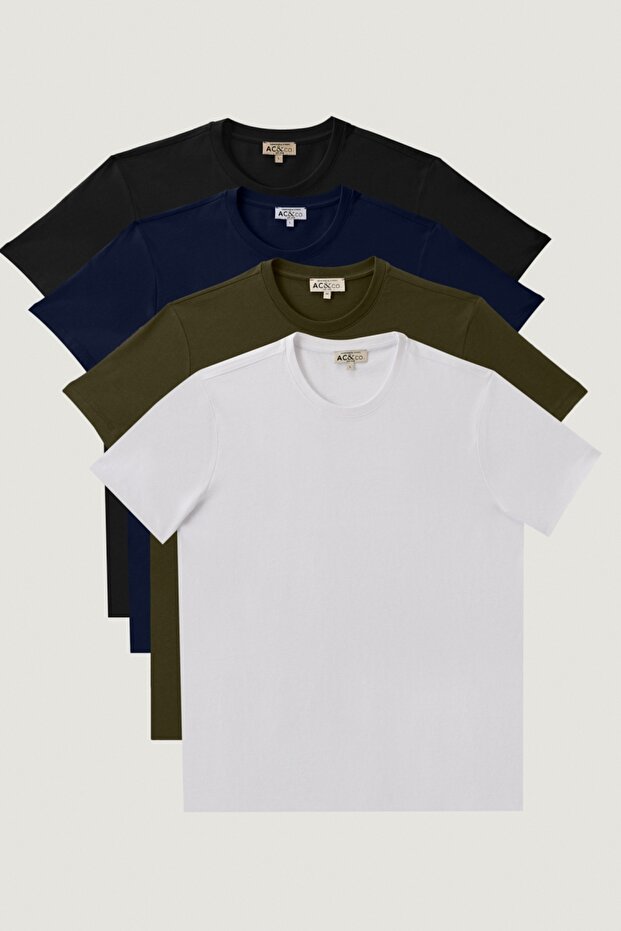 Men's White-Black-Navy-Blue-Right Slim Fit Slim Fit Crew Neck 100% Cotton 4-Piece Basic T-Shirts Pack